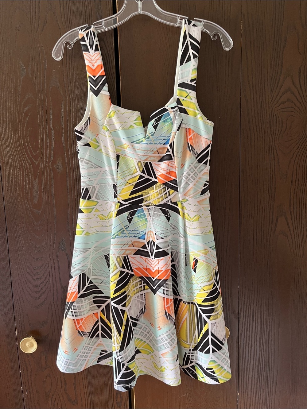 Alya strapped aquamarine mini dress with multicolored shapes. Size Medium